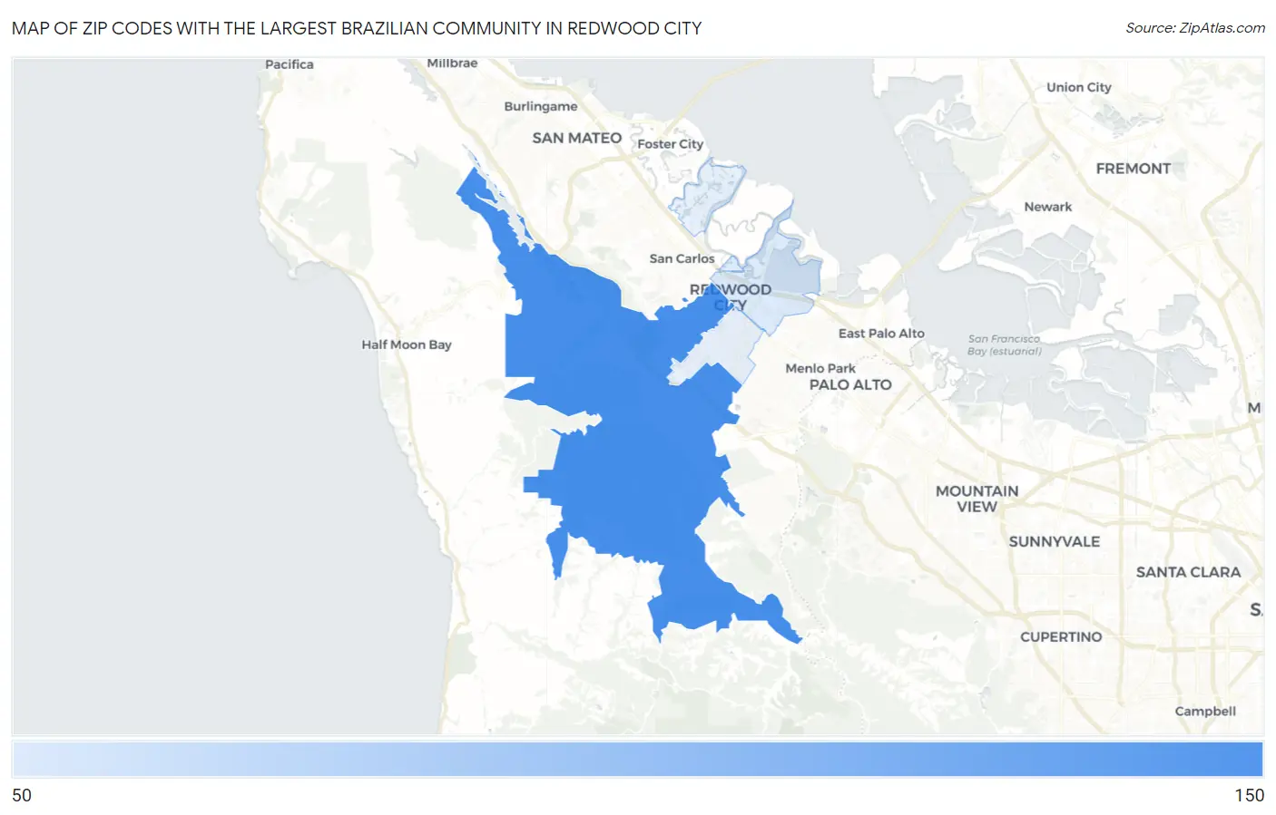 Zip Codes with the Largest Brazilian Community in Redwood City Map