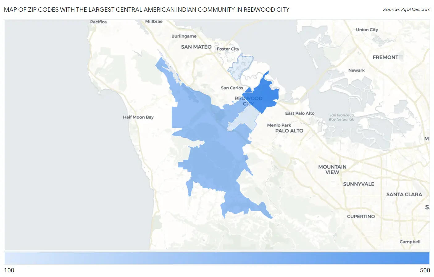 Zip Codes with the Largest Central American Indian Community in Redwood City Map