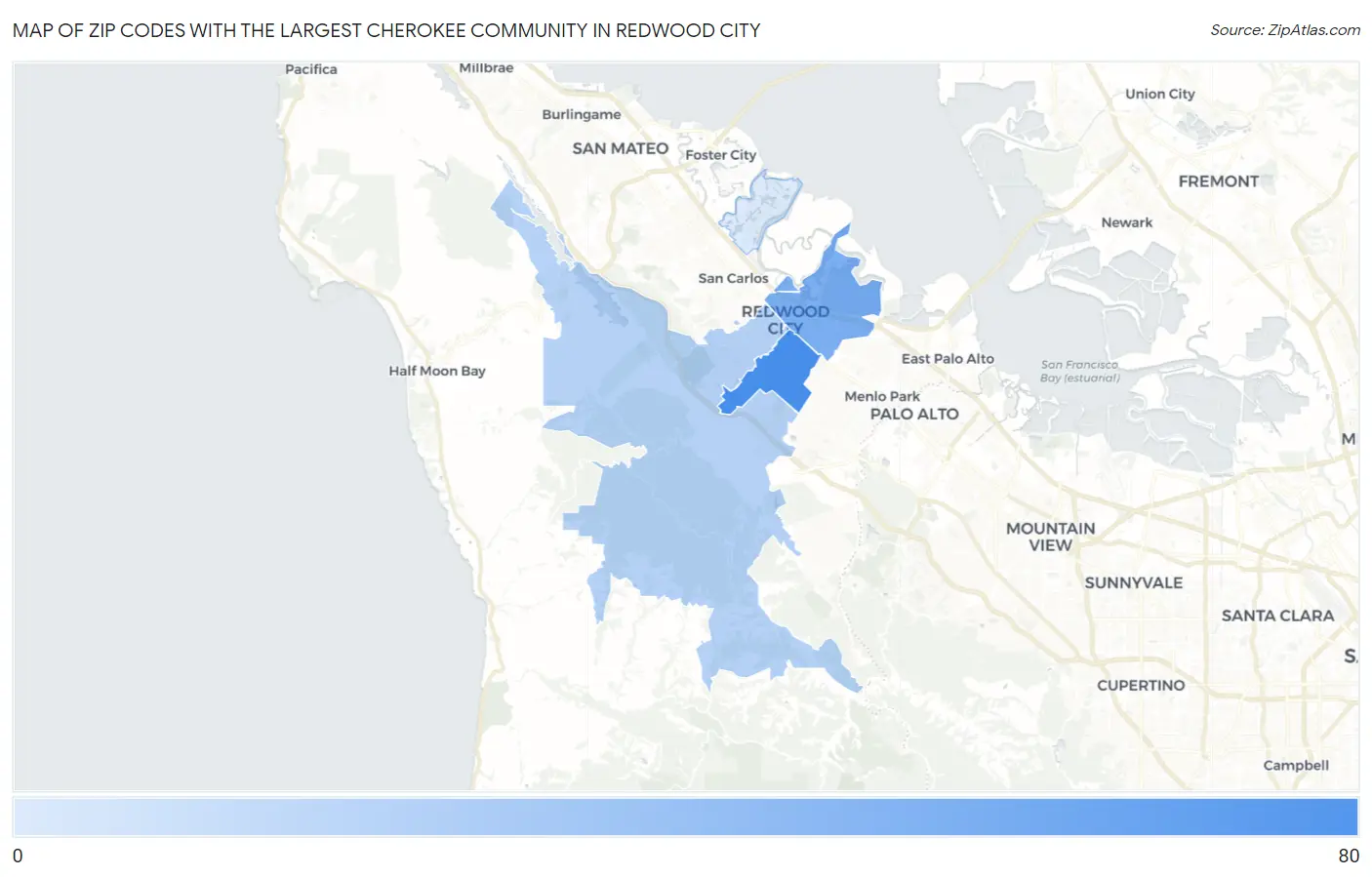 Zip Codes with the Largest Cherokee Community in Redwood City Map