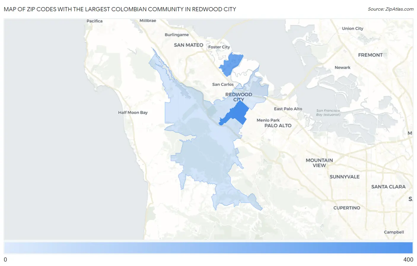 Zip Codes with the Largest Colombian Community in Redwood City Map