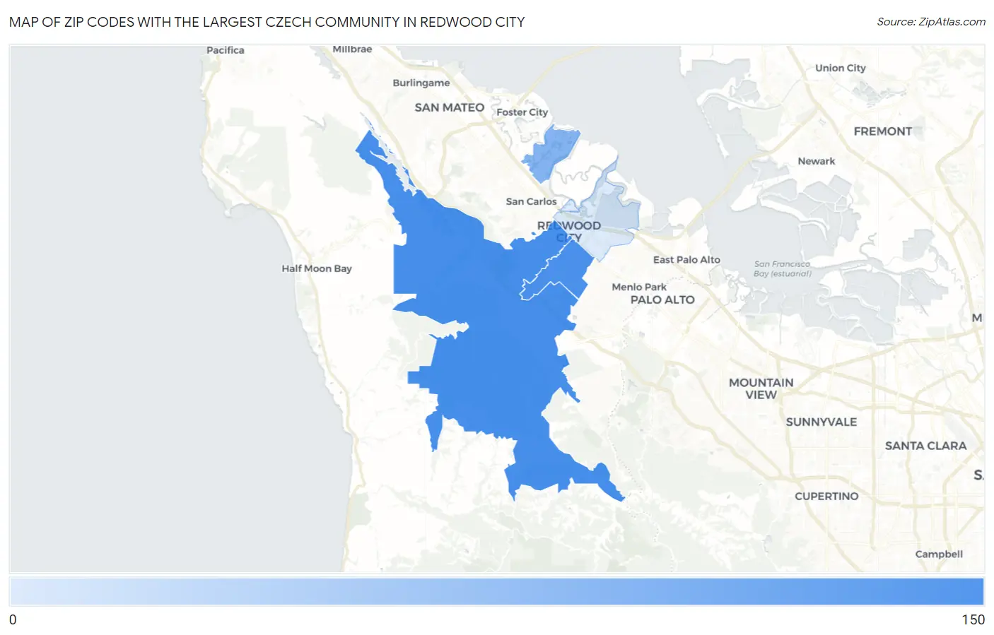 Zip Codes with the Largest Czech Community in Redwood City Map