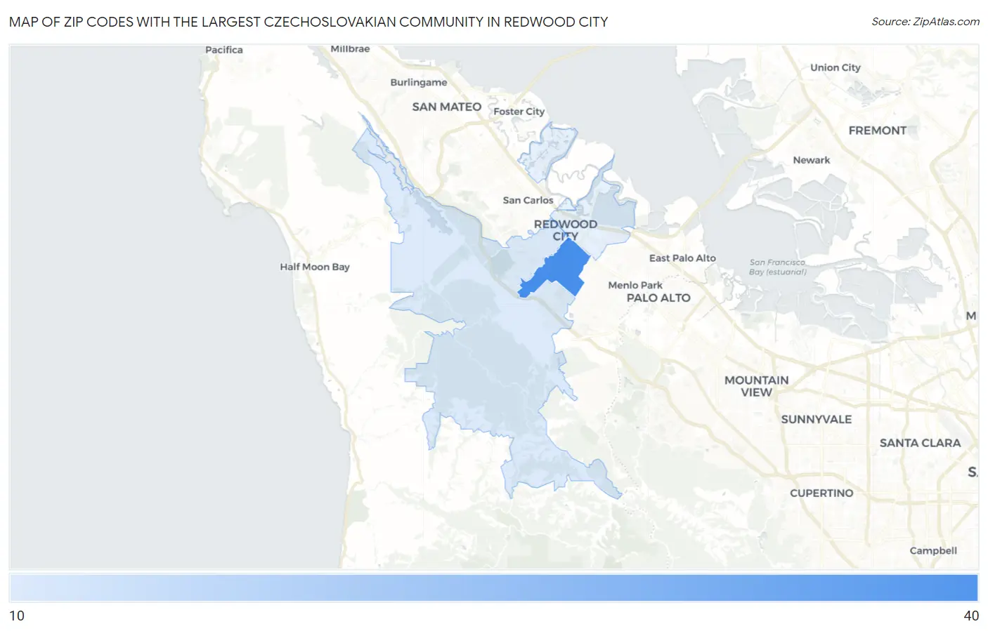 Zip Codes with the Largest Czechoslovakian Community in Redwood City Map