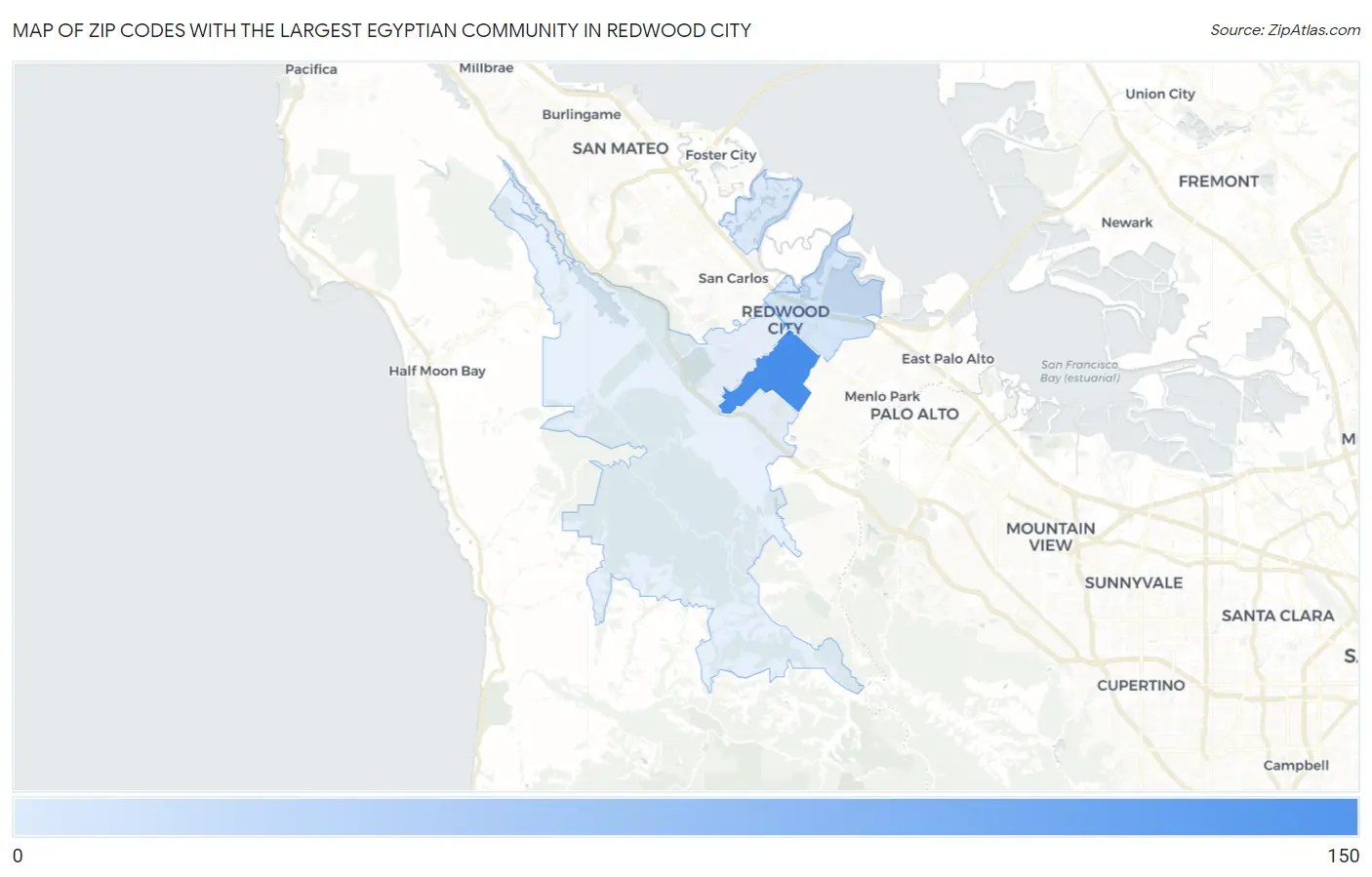 Zip Codes with the Largest Egyptian Community in Redwood City Map