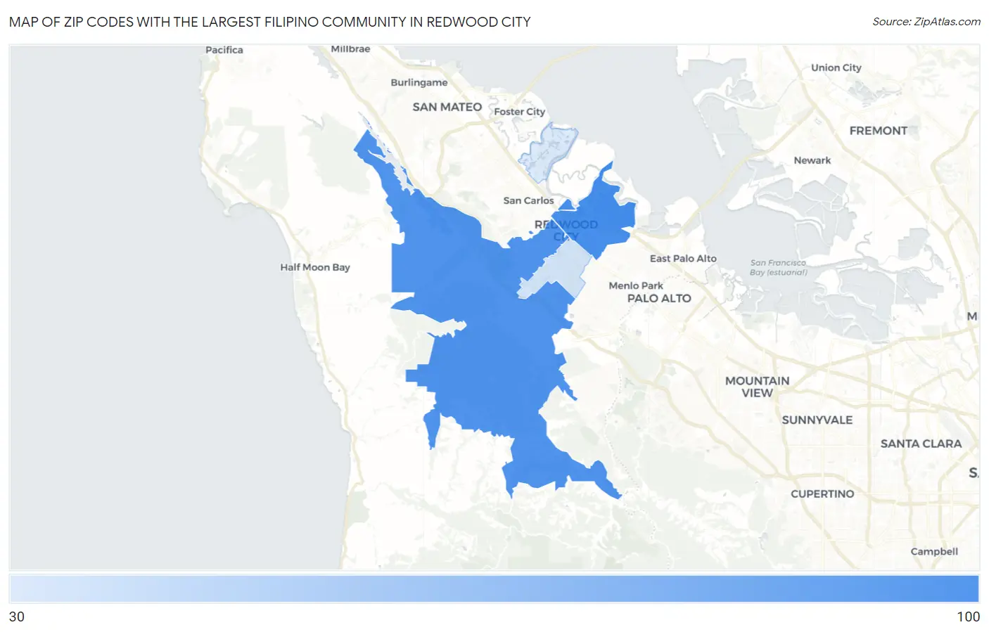 Zip Codes with the Largest Filipino Community in Redwood City Map