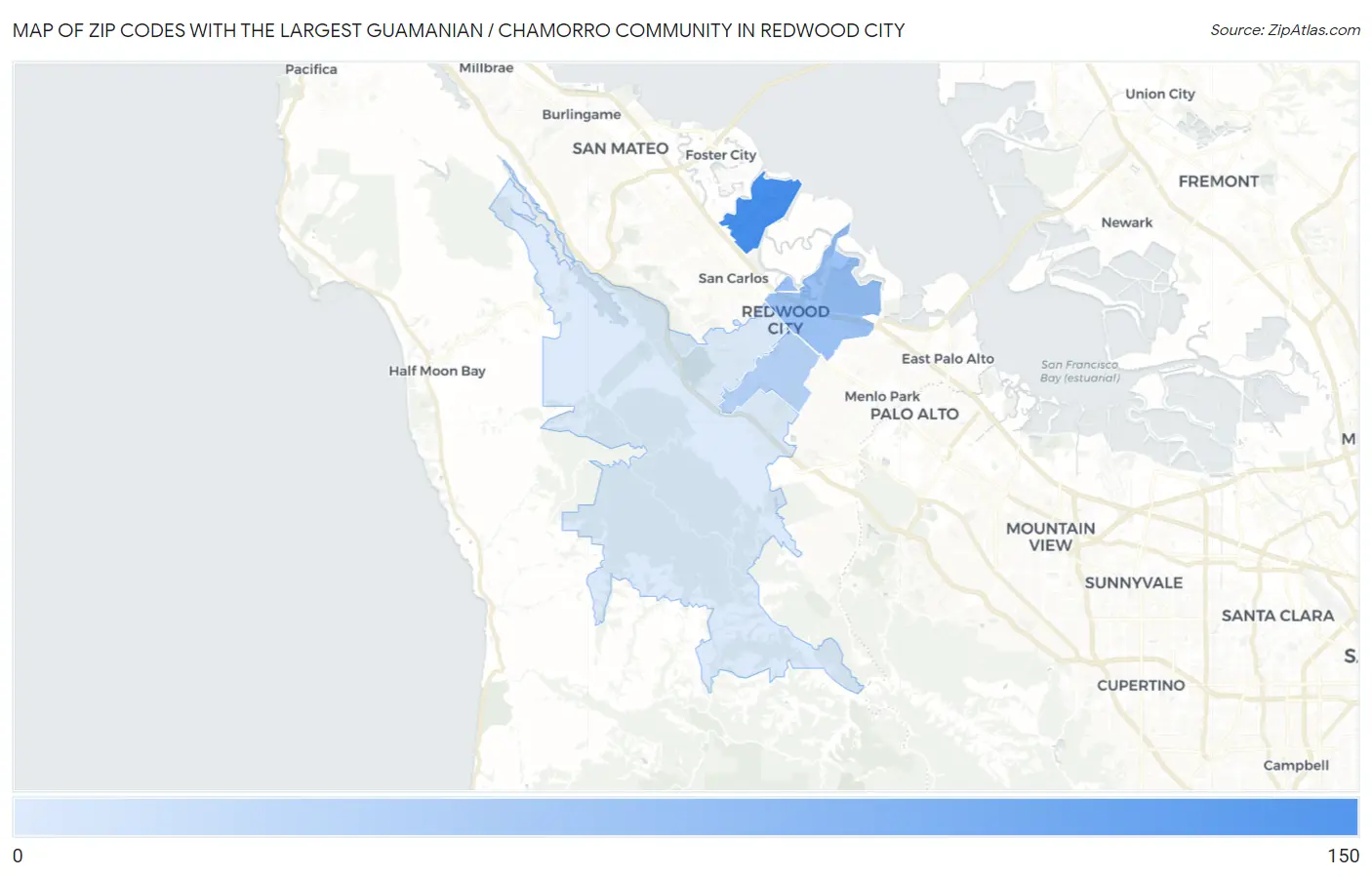 Zip Codes with the Largest Guamanian / Chamorro Community in Redwood City Map