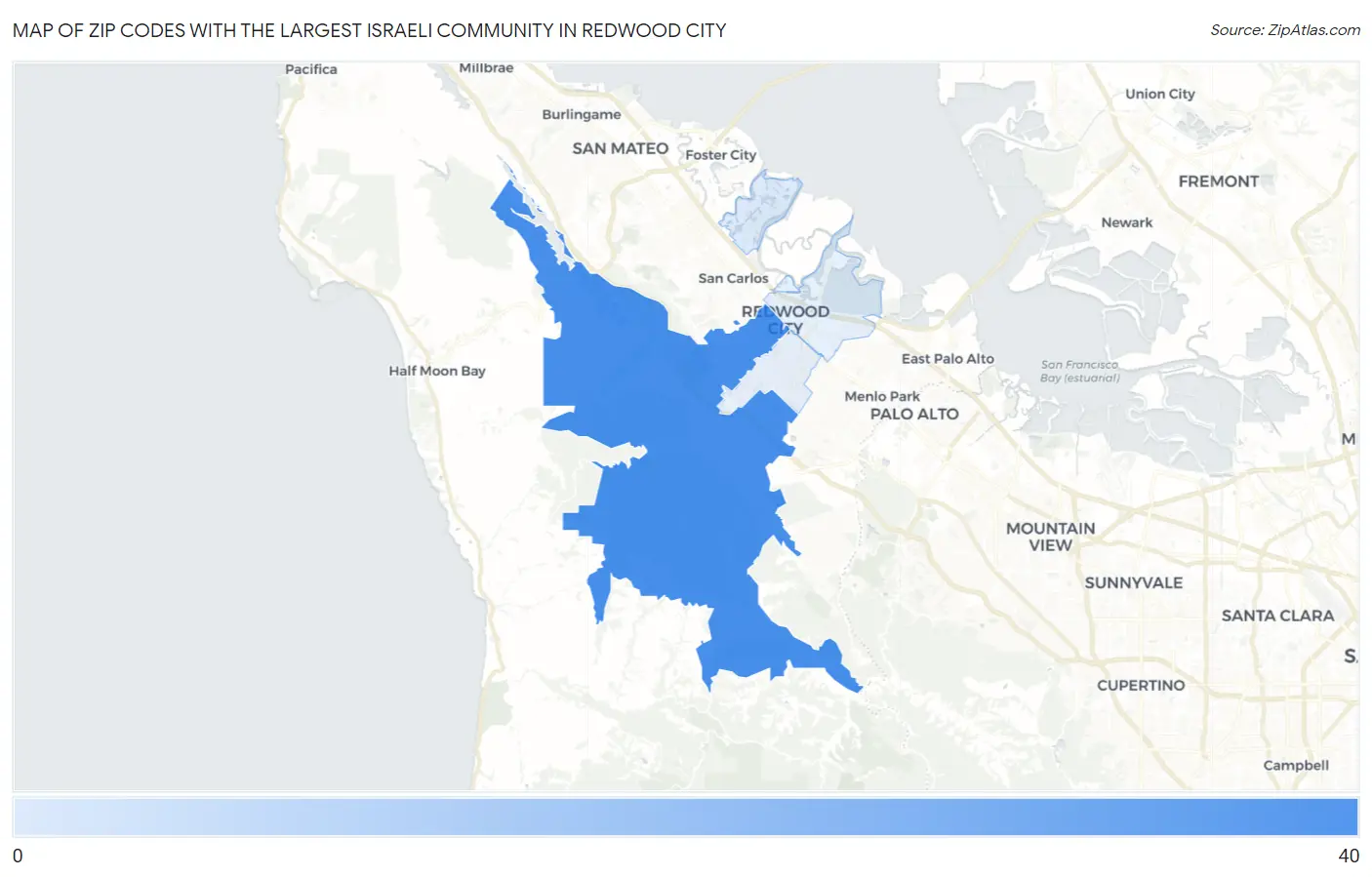 Zip Codes with the Largest Israeli Community in Redwood City Map