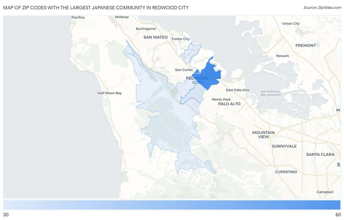 Zip Codes with the Largest Japanese Community in Redwood City Map