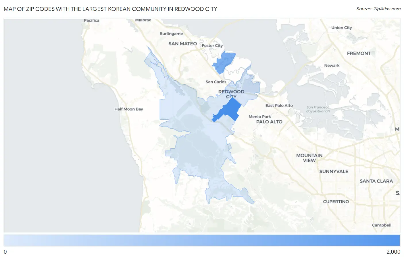 Zip Codes with the Largest Korean Community in Redwood City Map