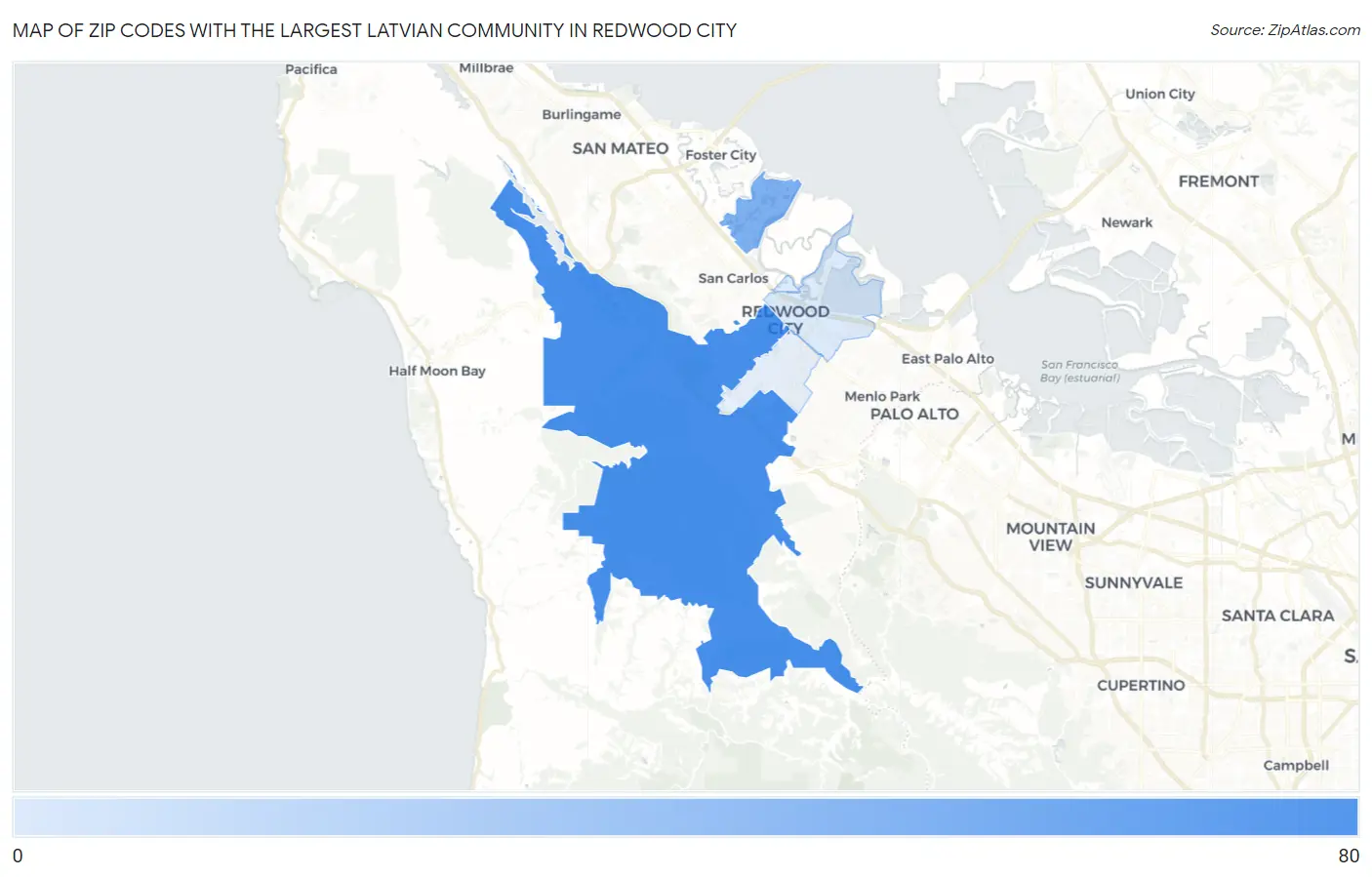 Zip Codes with the Largest Latvian Community in Redwood City Map
