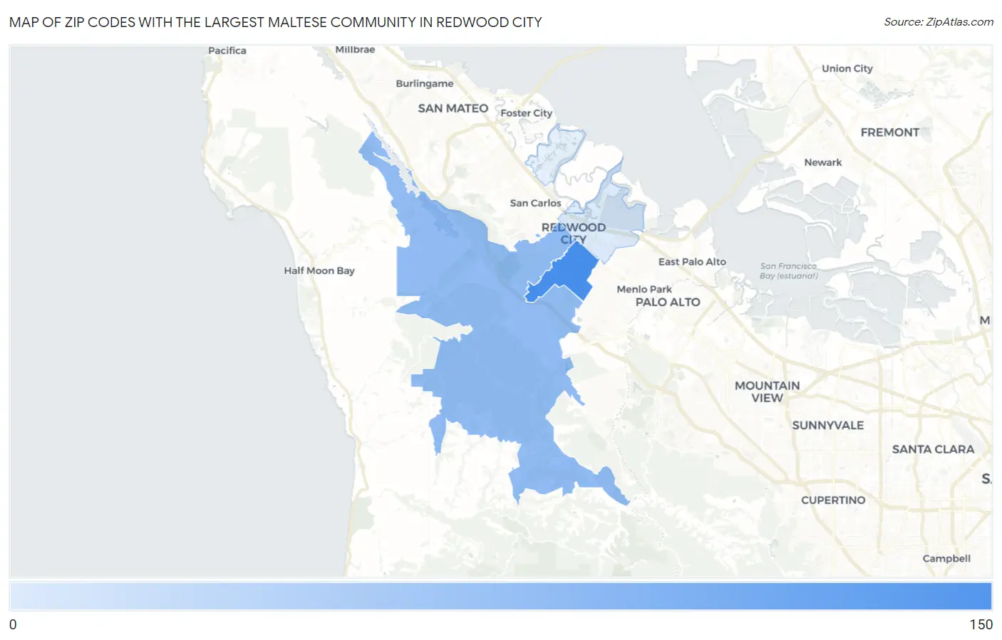 Zip Codes with the Largest Maltese Community in Redwood City Map