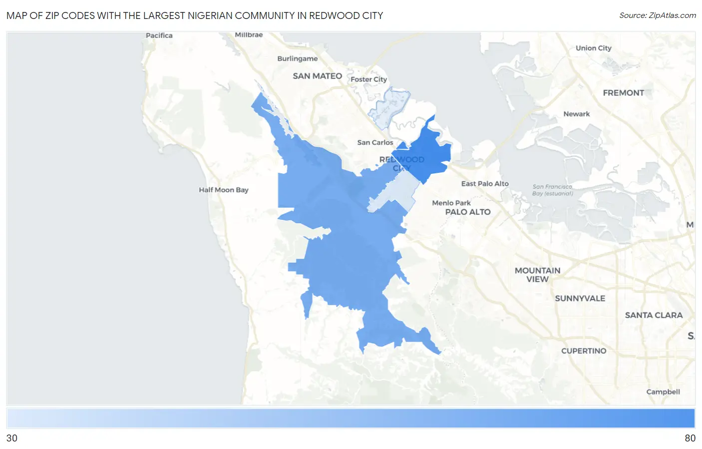 Zip Codes with the Largest Nigerian Community in Redwood City Map