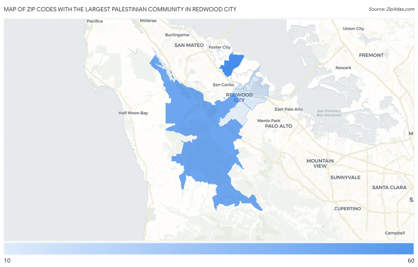 Zip Codes with the Largest Palestinian Community in Redwood City Map
