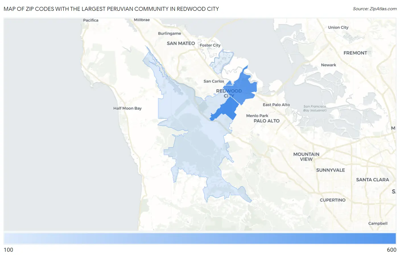 Zip Codes with the Largest Peruvian Community in Redwood City Map
