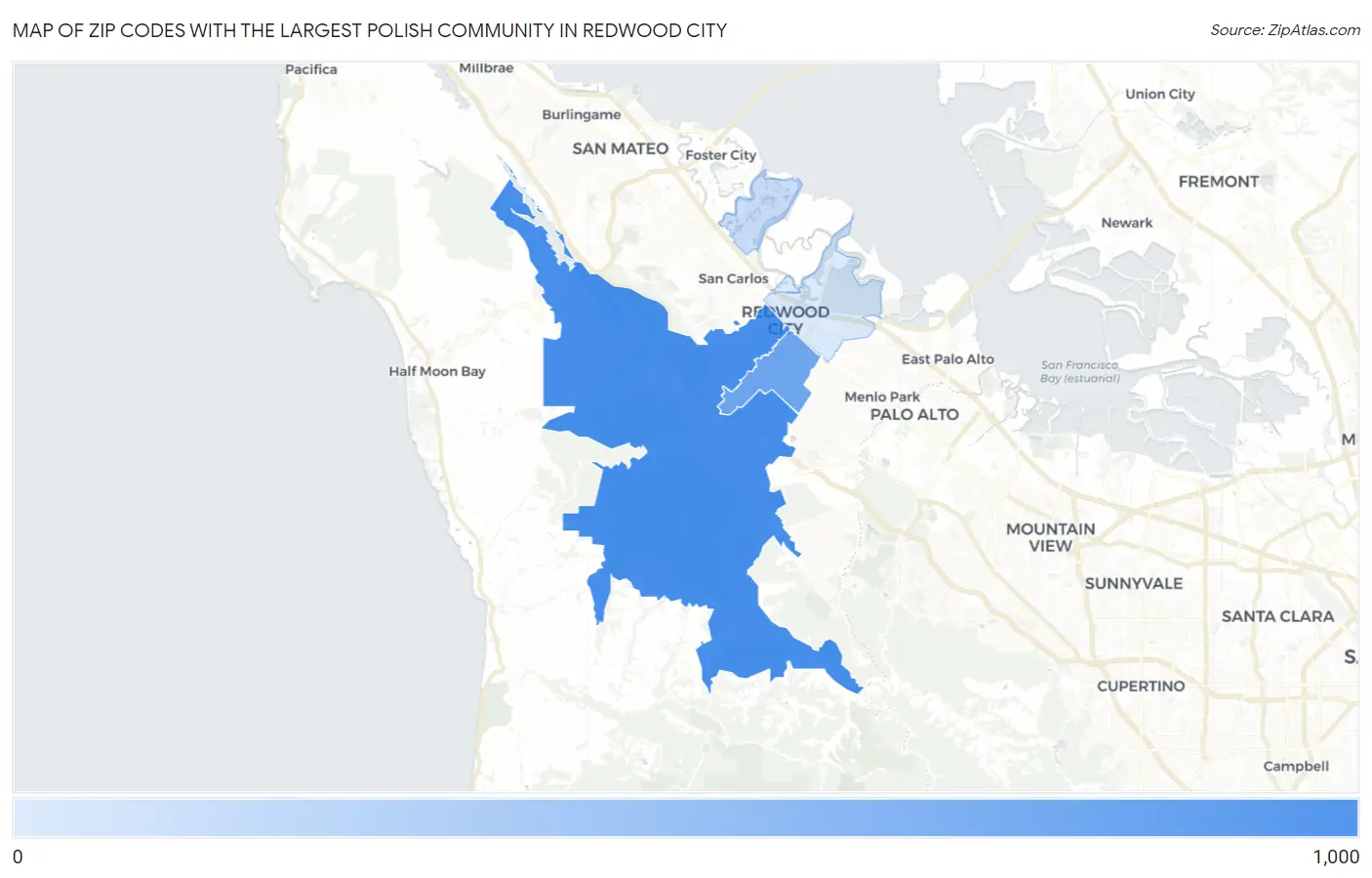Zip Codes with the Largest Polish Community in Redwood City Map