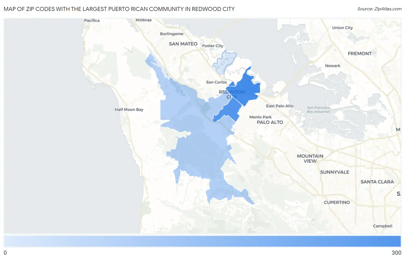 Zip Codes with the Largest Puerto Rican Community in Redwood City Map