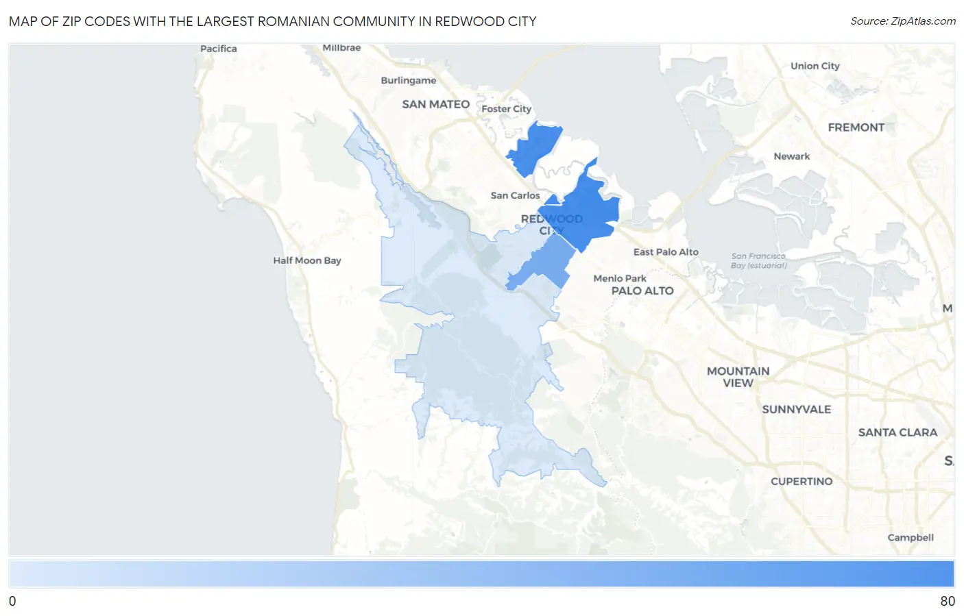 Zip Codes with the Largest Romanian Community in Redwood City Map