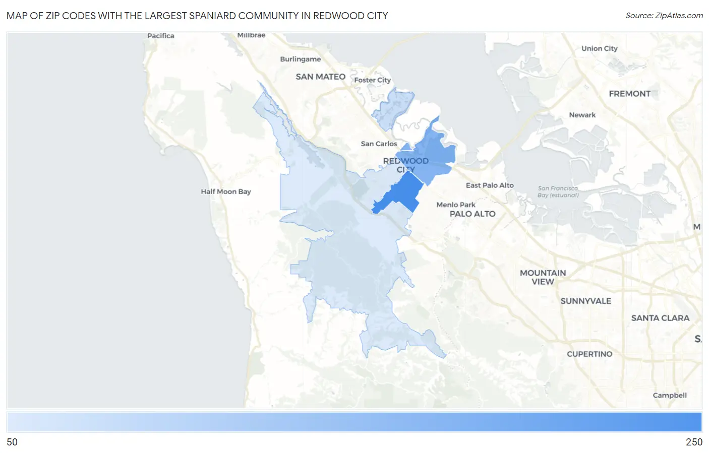 Zip Codes with the Largest Spaniard Community in Redwood City Map