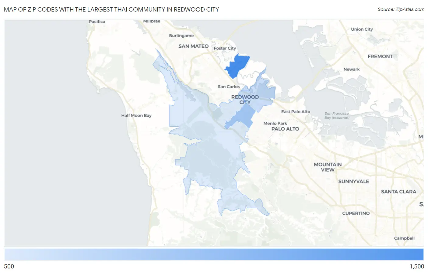Zip Codes with the Largest Thai Community in Redwood City Map