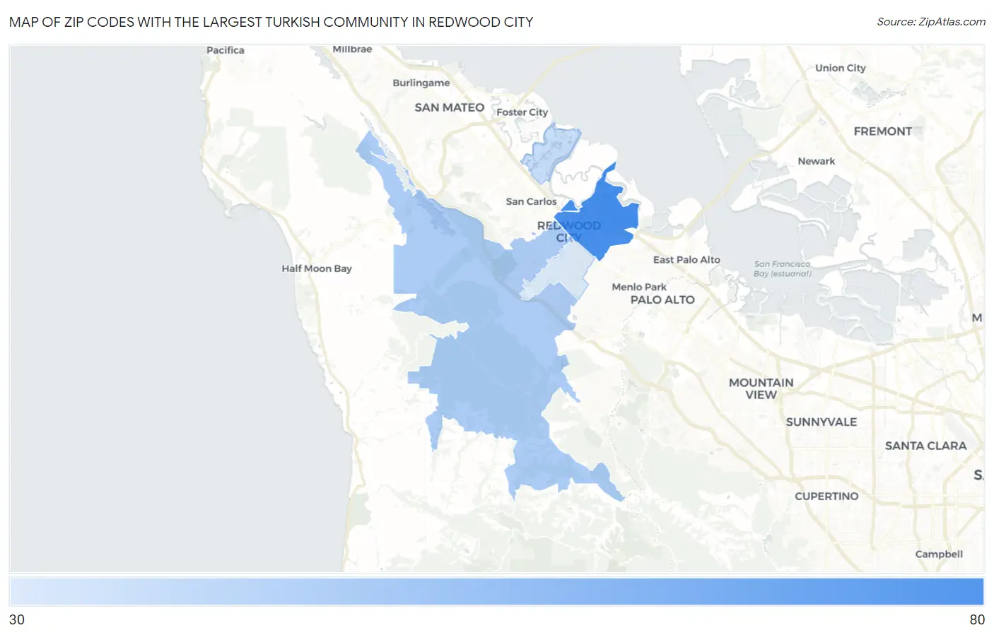 Zip Codes with the Largest Turkish Community in Redwood City Map