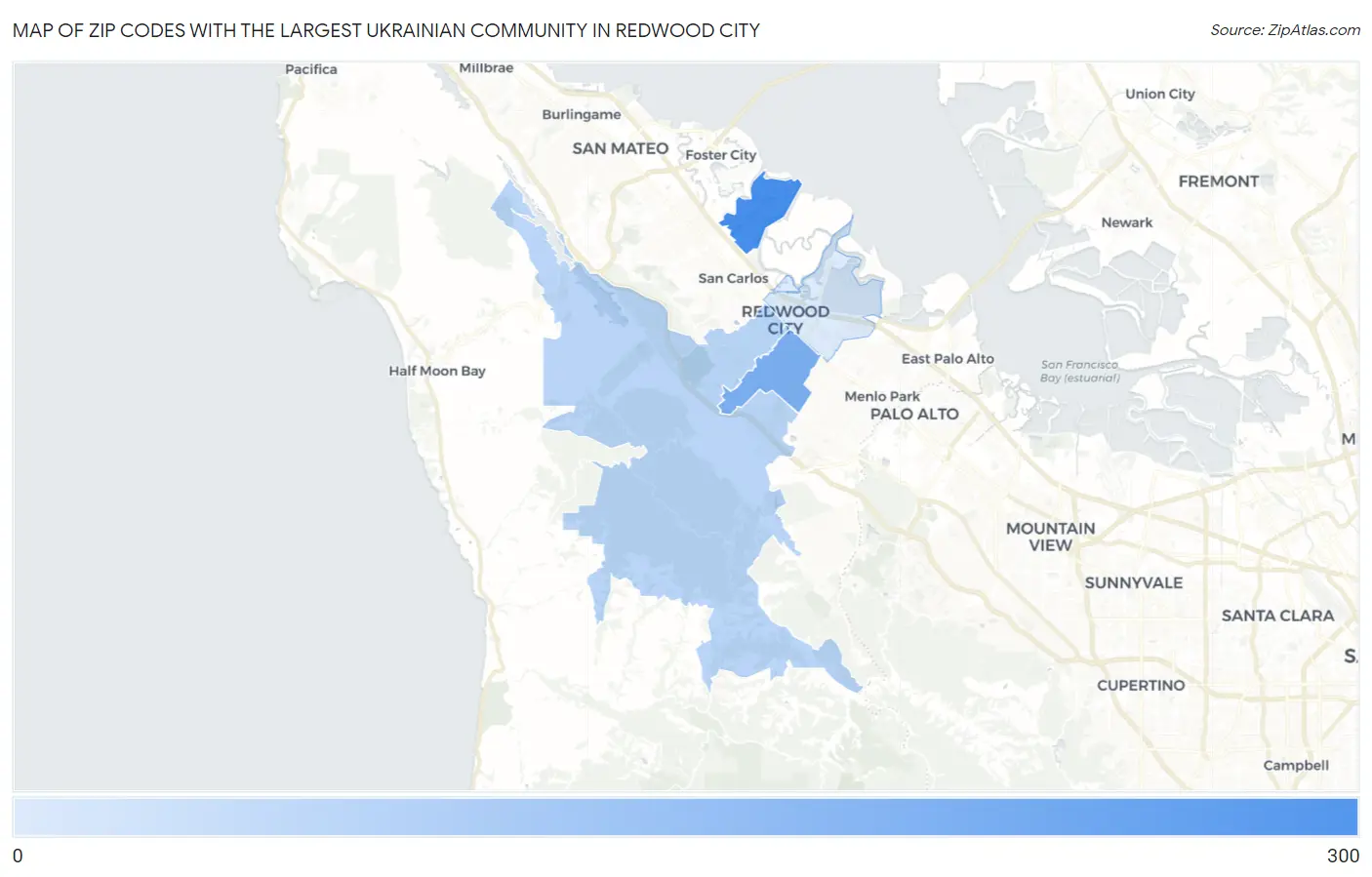 Zip Codes with the Largest Ukrainian Community in Redwood City Map