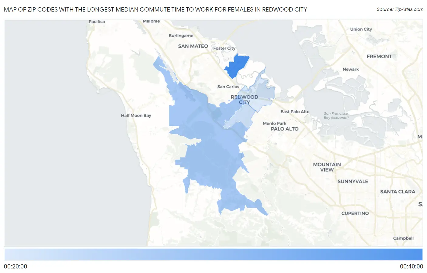Zip Codes with the Longest Median Commute Time to Work for Females in Redwood City Map
