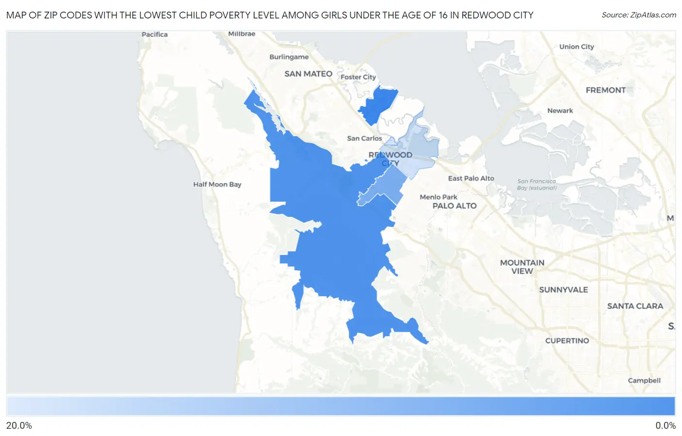 Zip Codes with the Lowest Child Poverty Level Among Girls Under the Age of 16 in Redwood City Map