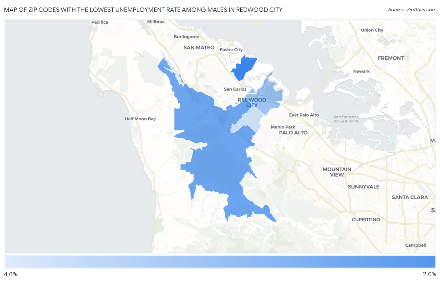 Zip Codes with the Lowest Unemployment Rate Among Males in Redwood City Map
