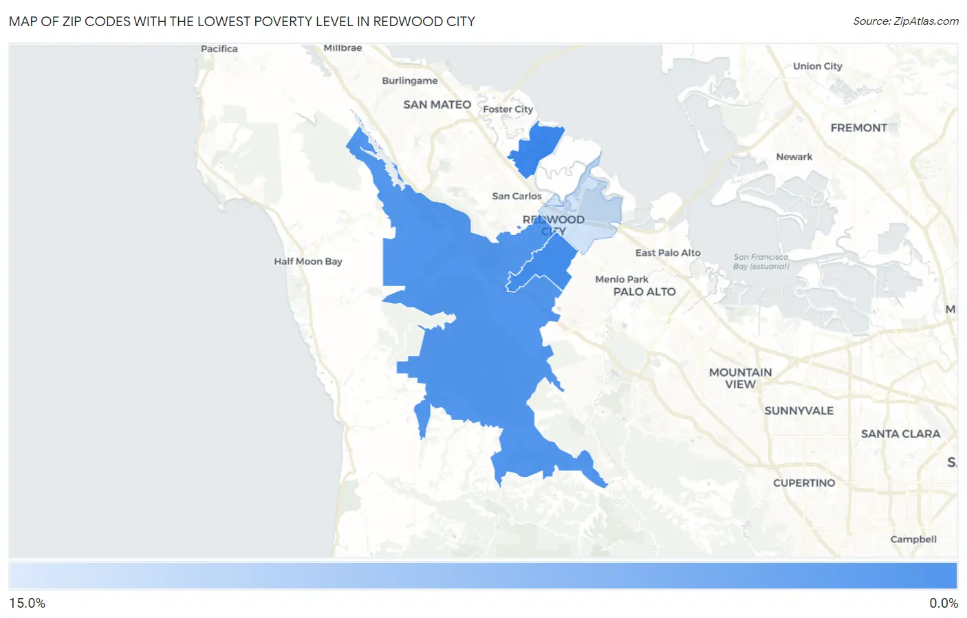 Zip Codes with the Lowest Poverty Level in Redwood City Map