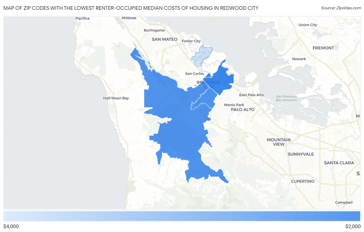 Zip Codes with the Lowest Renter-Occupied Median Costs of Housing in Redwood City Map