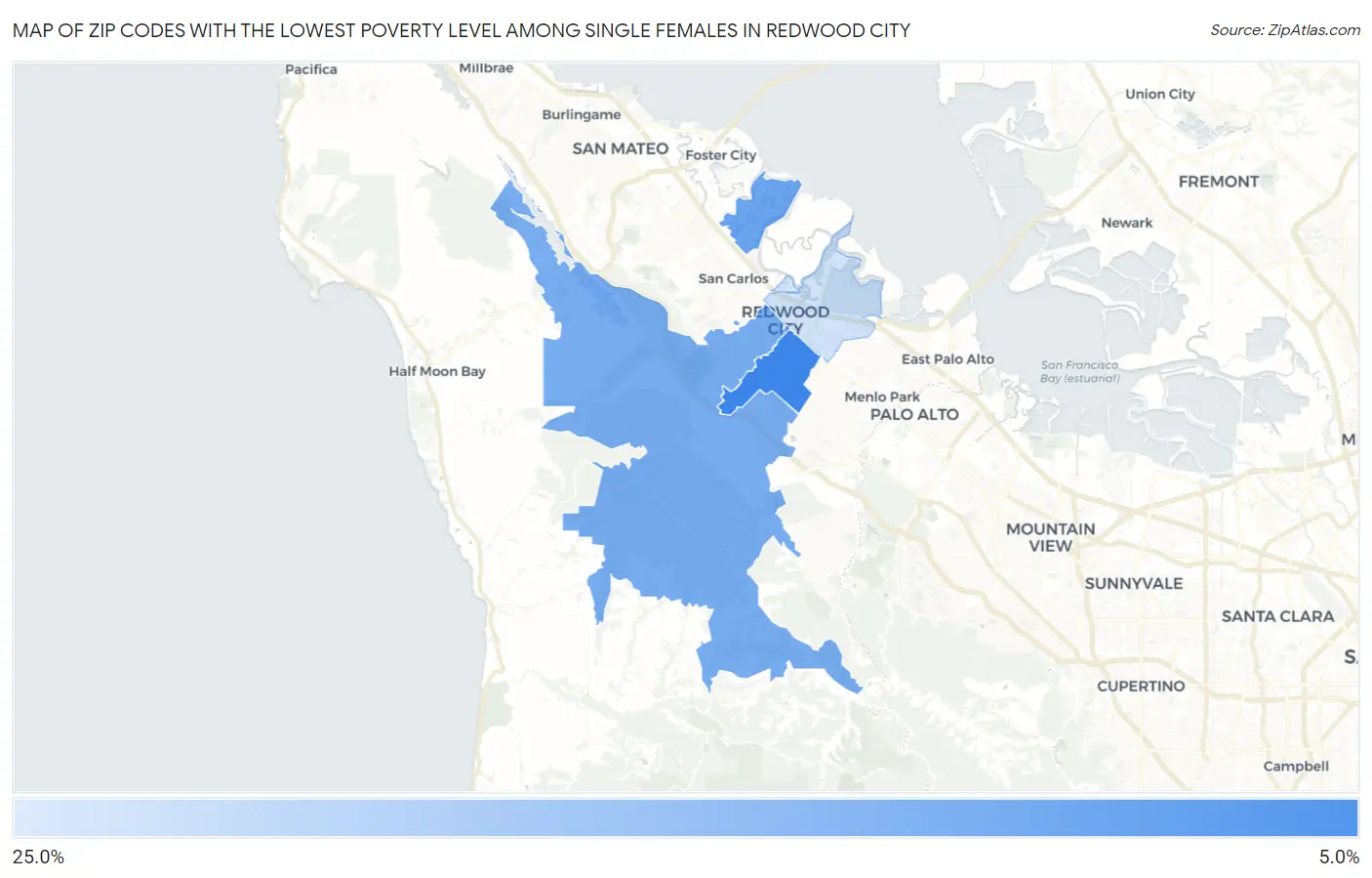 Zip Codes with the Lowest Poverty Level Among Single Females in Redwood City Map