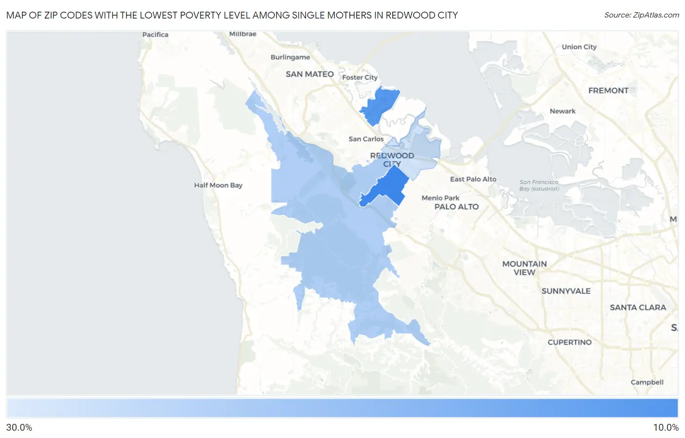 Zip Codes with the Lowest Poverty Level Among Single Mothers in Redwood City Map