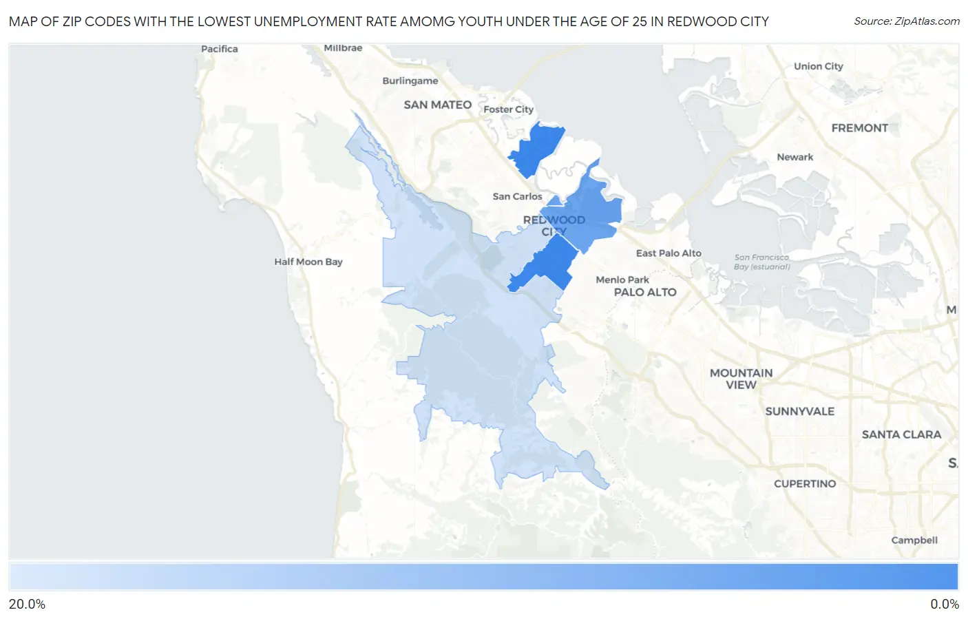 Zip Codes with the Lowest Unemployment Rate Amomg Youth Under the Age of 25 in Redwood City Map