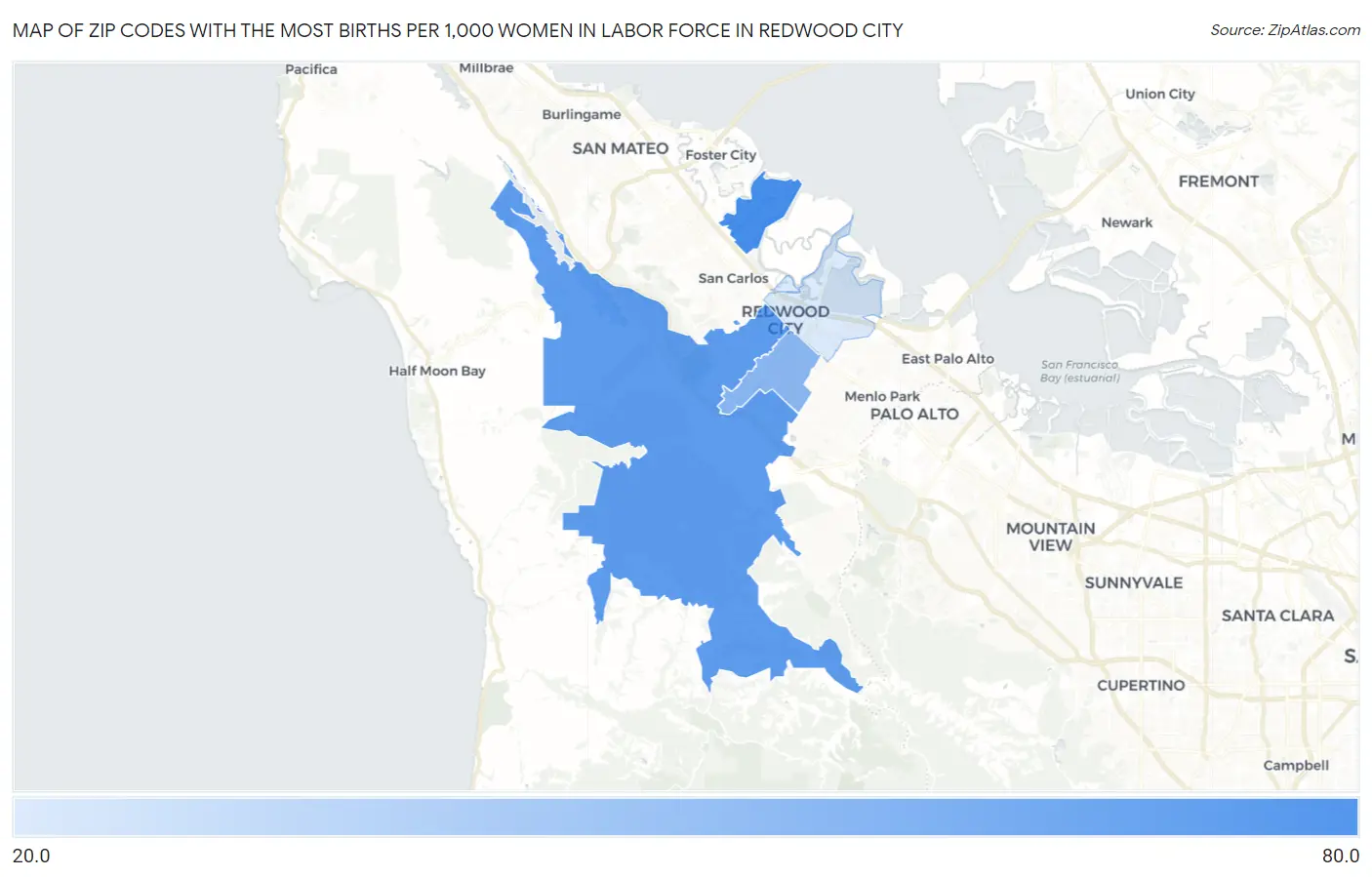 Zip Codes with the Most Births per 1,000 Women in Labor Force in Redwood City Map