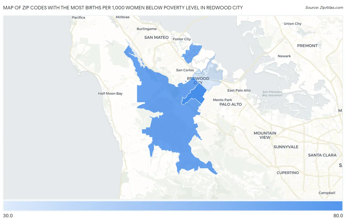Zip Codes with the Most Births per 1,000 Women Below Poverty Level in Redwood City Map