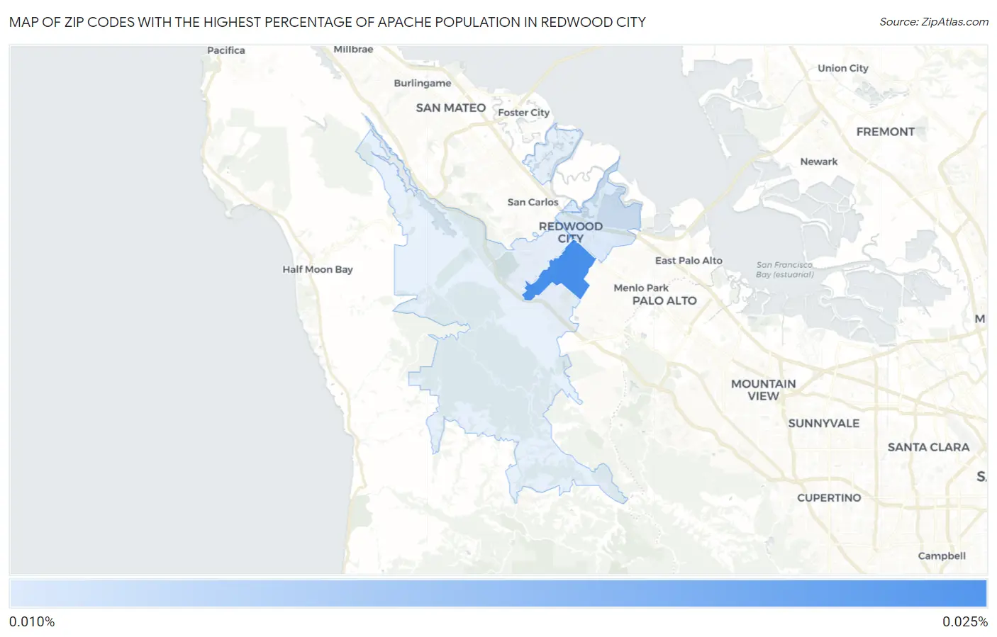 Zip Codes with the Highest Percentage of Apache Population in Redwood City Map