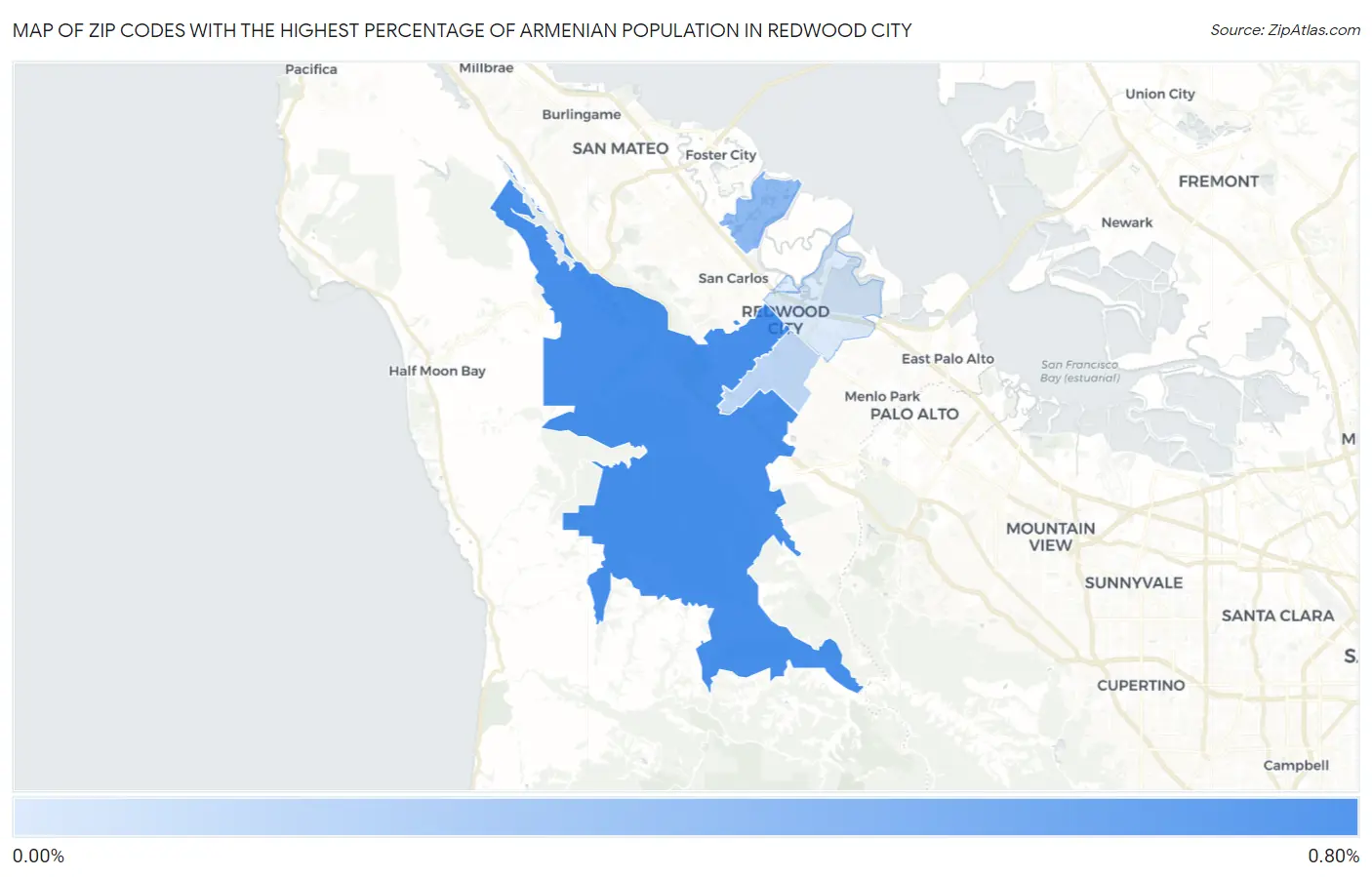 Zip Codes with the Highest Percentage of Armenian Population in Redwood City Map