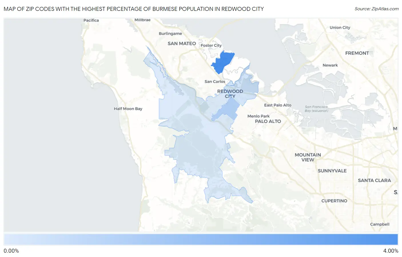 Zip Codes with the Highest Percentage of Burmese Population in Redwood City Map