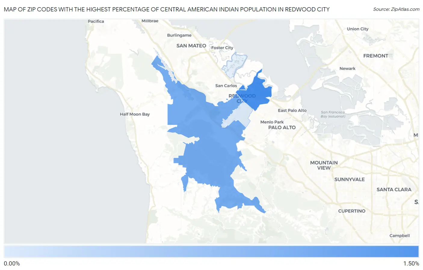 Zip Codes with the Highest Percentage of Central American Indian Population in Redwood City Map