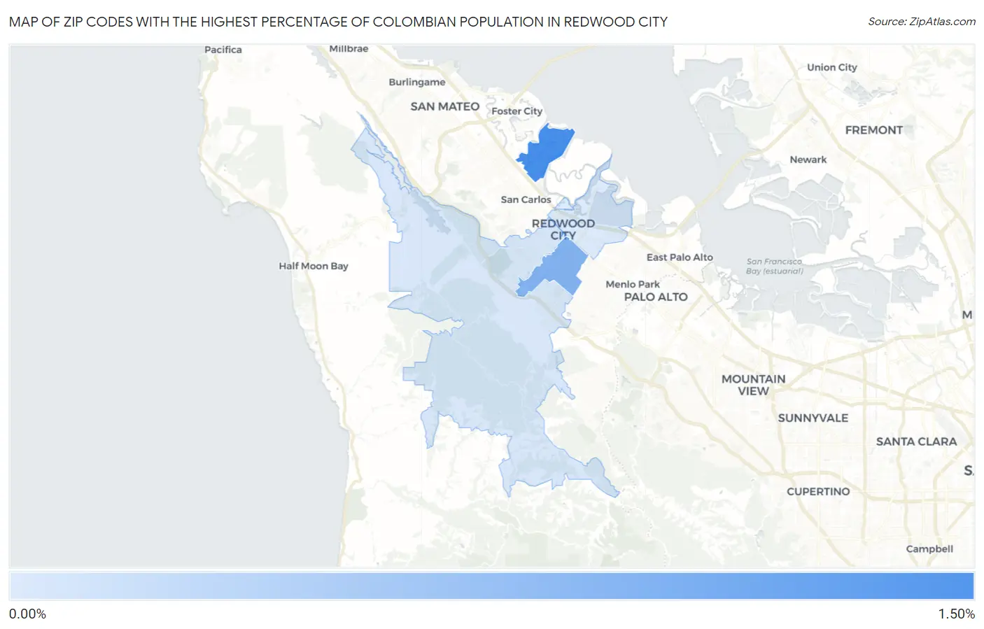 Zip Codes with the Highest Percentage of Colombian Population in Redwood City Map