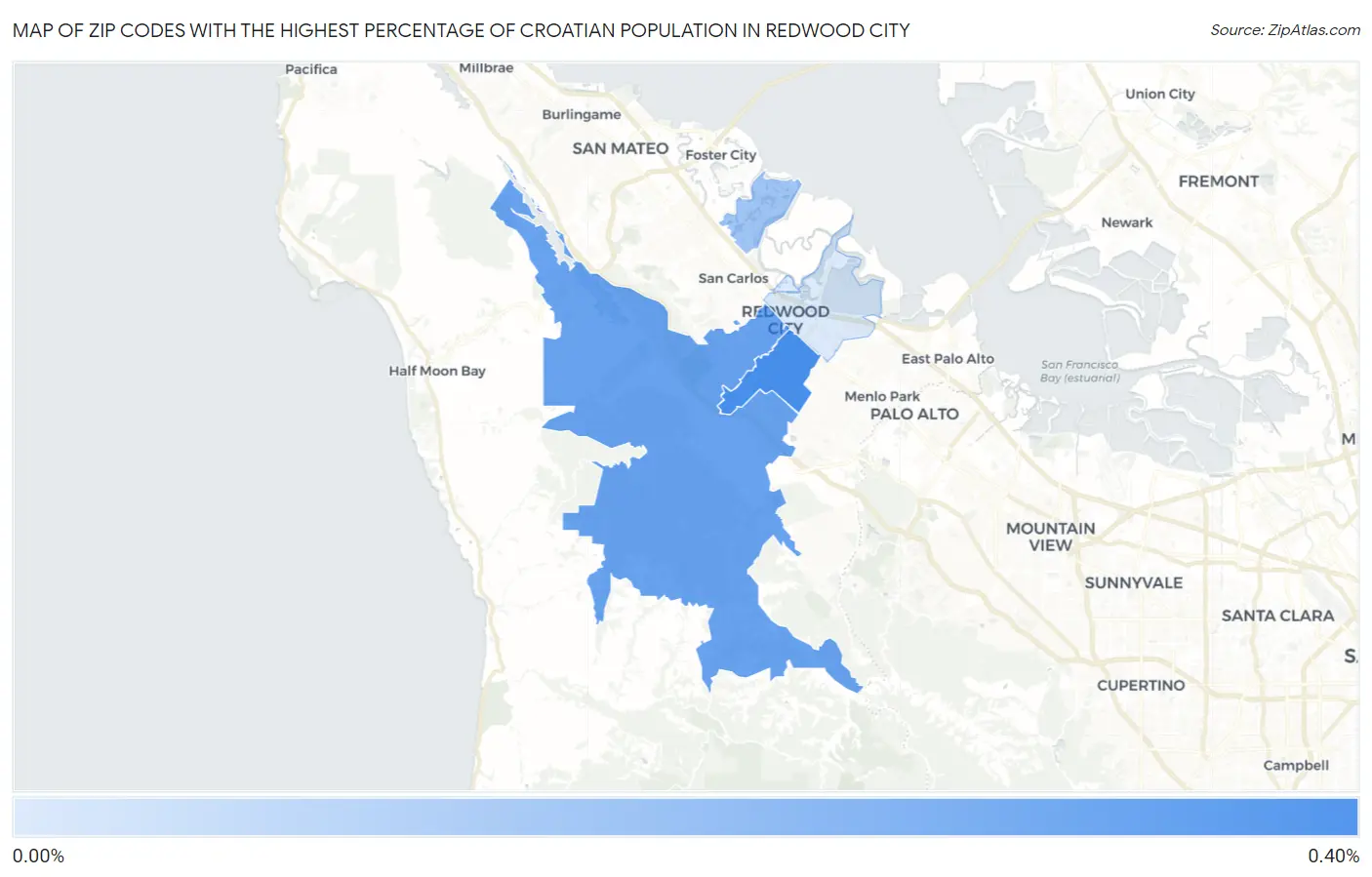 Zip Codes with the Highest Percentage of Croatian Population in Redwood City Map
