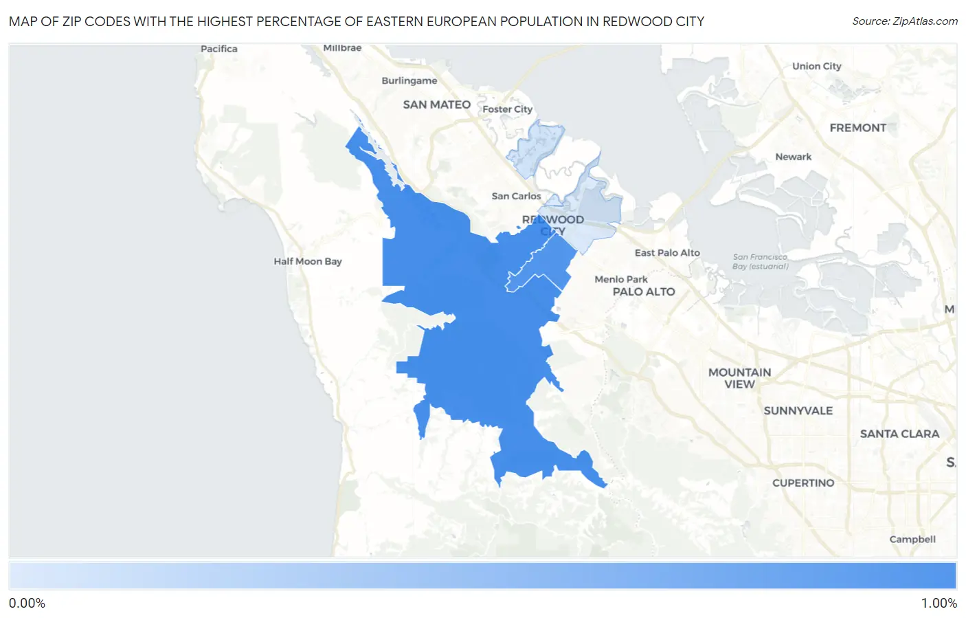 Zip Codes with the Highest Percentage of Eastern European Population in Redwood City Map