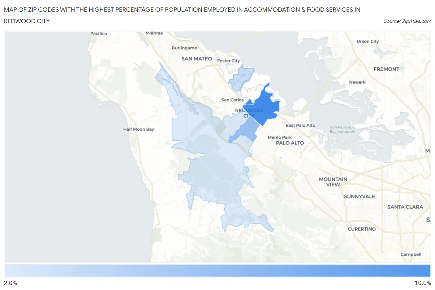 Zip Codes with the Highest Percentage of Population Employed in Accommodation & Food Services in Redwood City Map