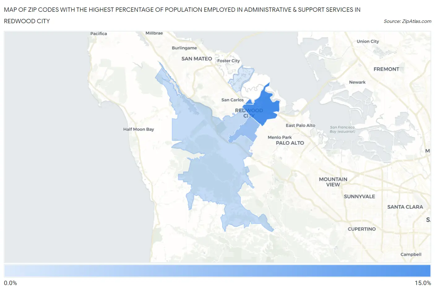 Zip Codes with the Highest Percentage of Population Employed in Administrative & Support Services in Redwood City Map