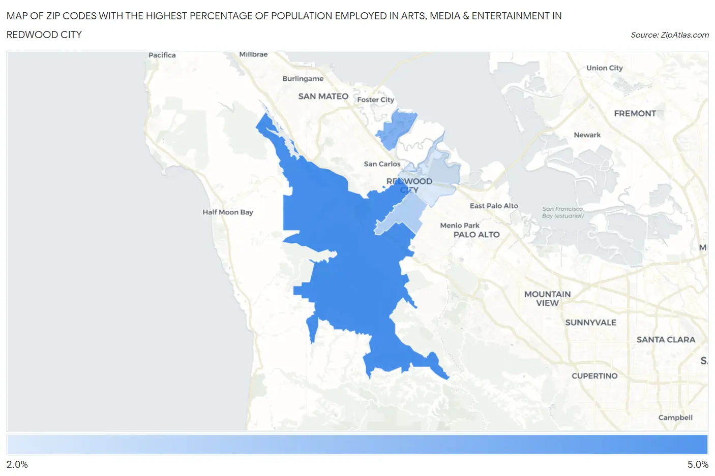 Zip Codes with the Highest Percentage of Population Employed in Arts, Media & Entertainment in Redwood City Map