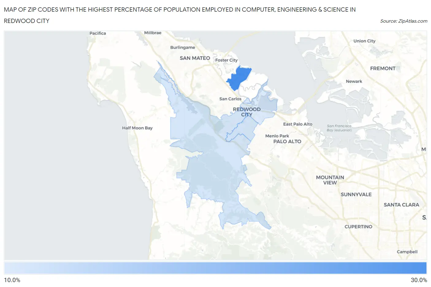 Zip Codes with the Highest Percentage of Population Employed in Computer, Engineering & Science in Redwood City Map