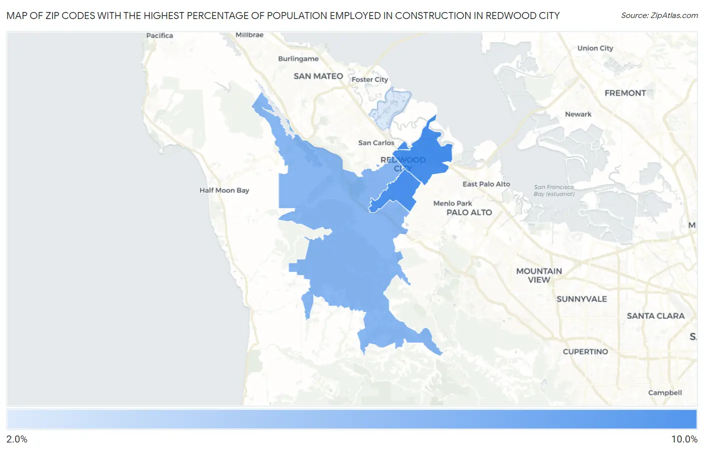 Zip Codes with the Highest Percentage of Population Employed in Construction in Redwood City Map