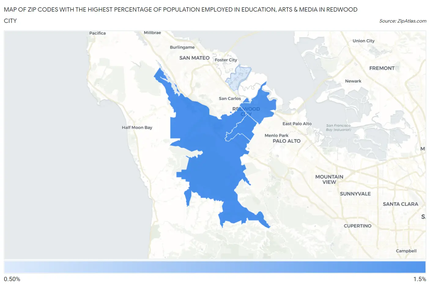 Zip Codes with the Highest Percentage of Population Employed in Education, Arts & Media in Redwood City Map