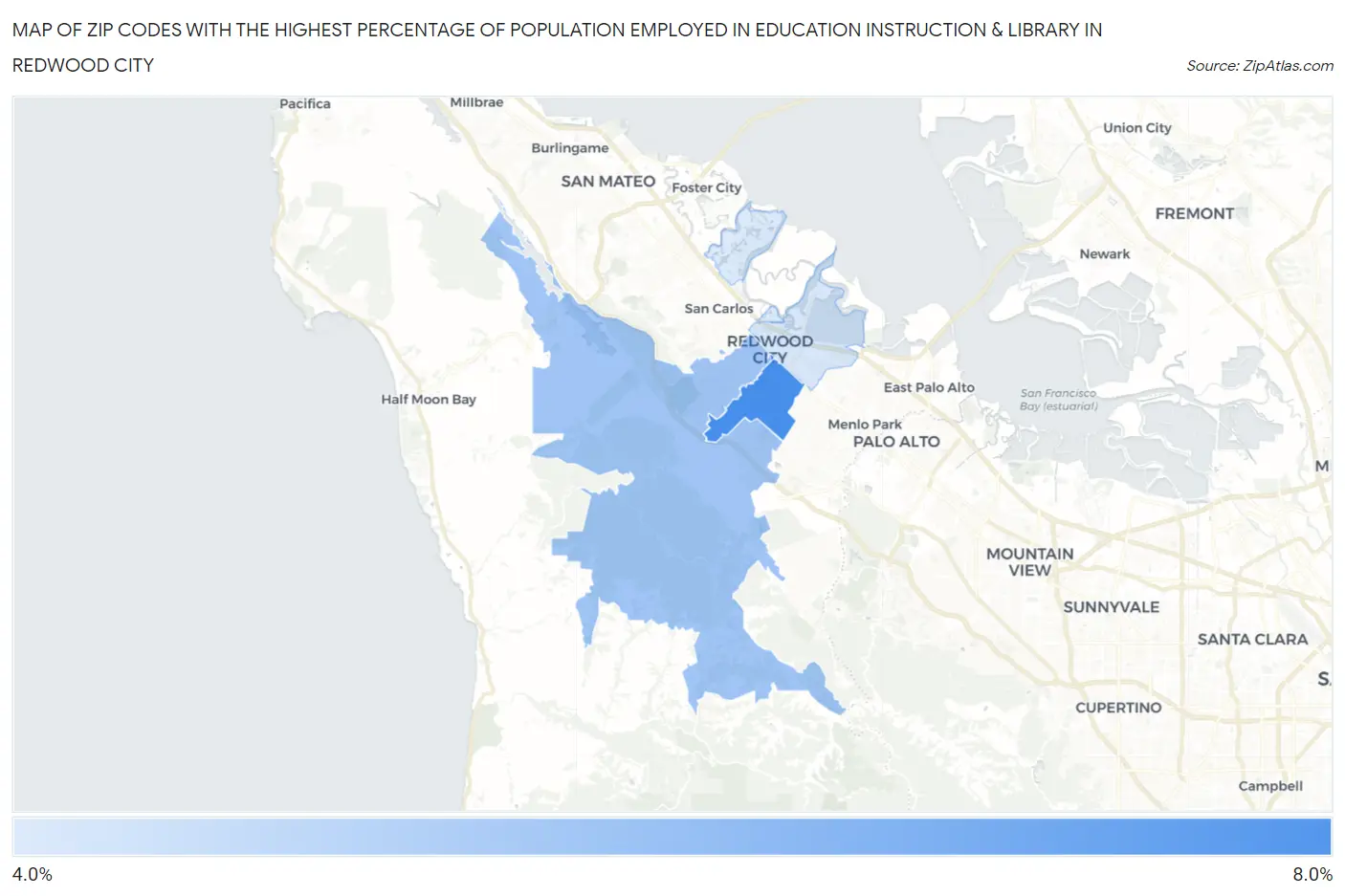 Zip Codes with the Highest Percentage of Population Employed in Education Instruction & Library in Redwood City Map