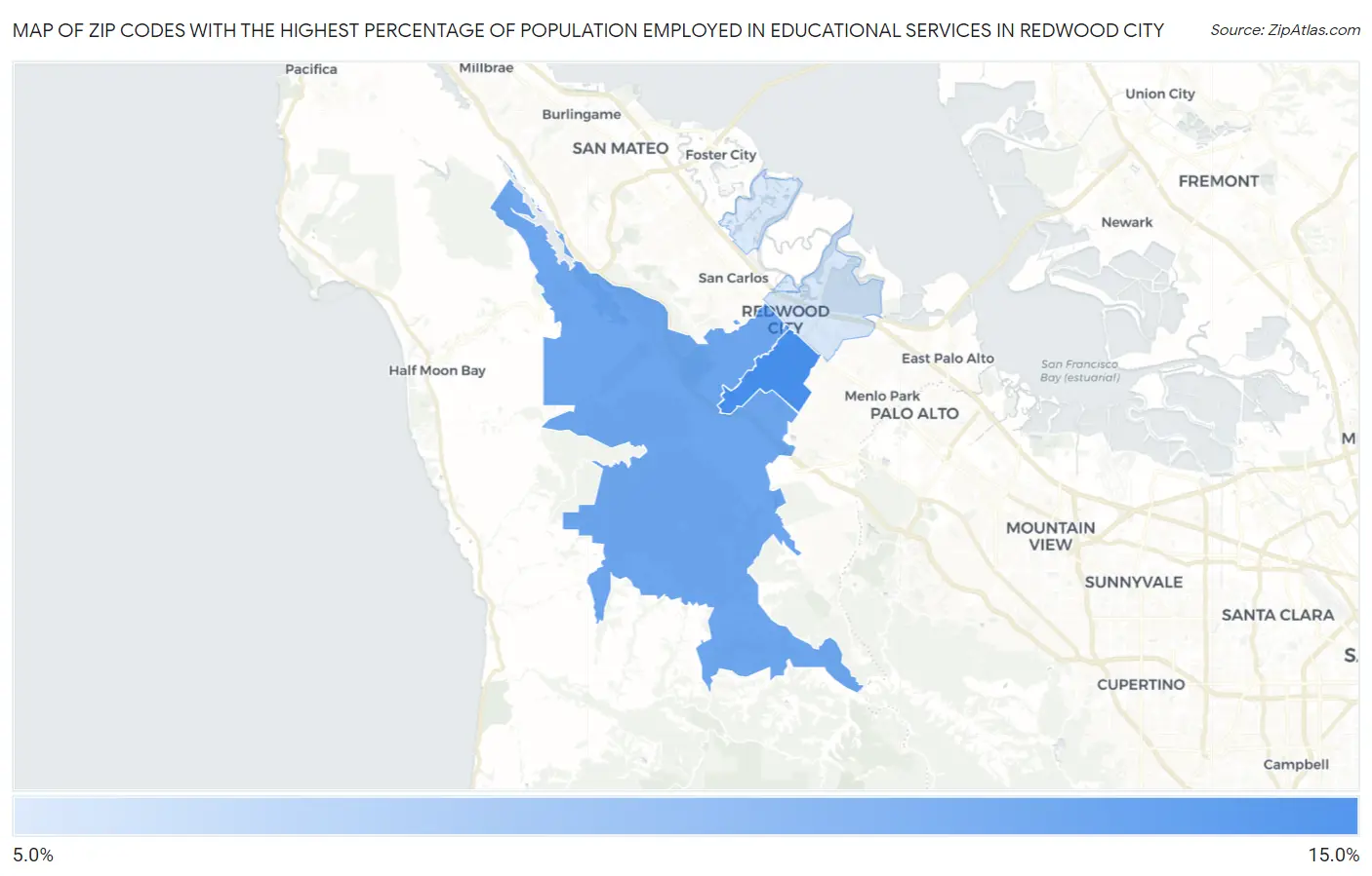Zip Codes with the Highest Percentage of Population Employed in Educational Services in Redwood City Map