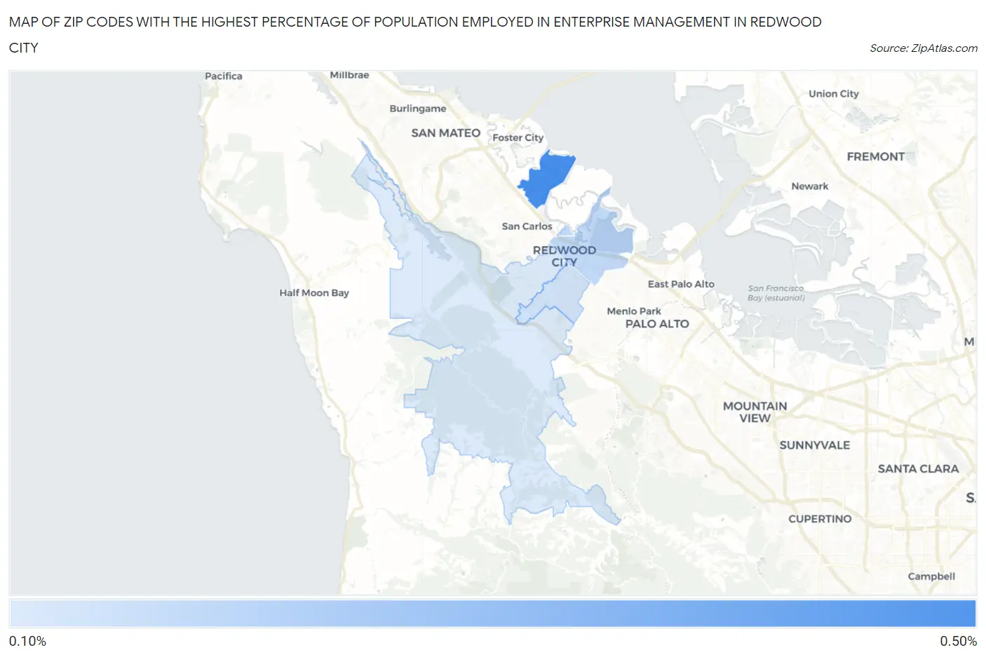 Zip Codes with the Highest Percentage of Population Employed in Enterprise Management in Redwood City Map